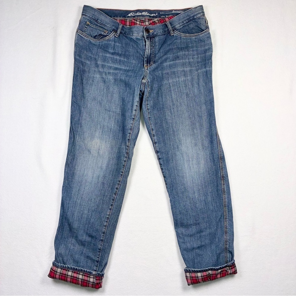 Eddie Bauer women’s flannel lined Boyfriend Relaxed blue jeans straight Sz 12